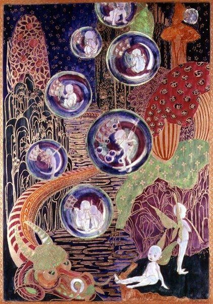 Wedgwood Fairyland lysterplakett, ca 1917 (benporslin) av Daisy Makeig Jones