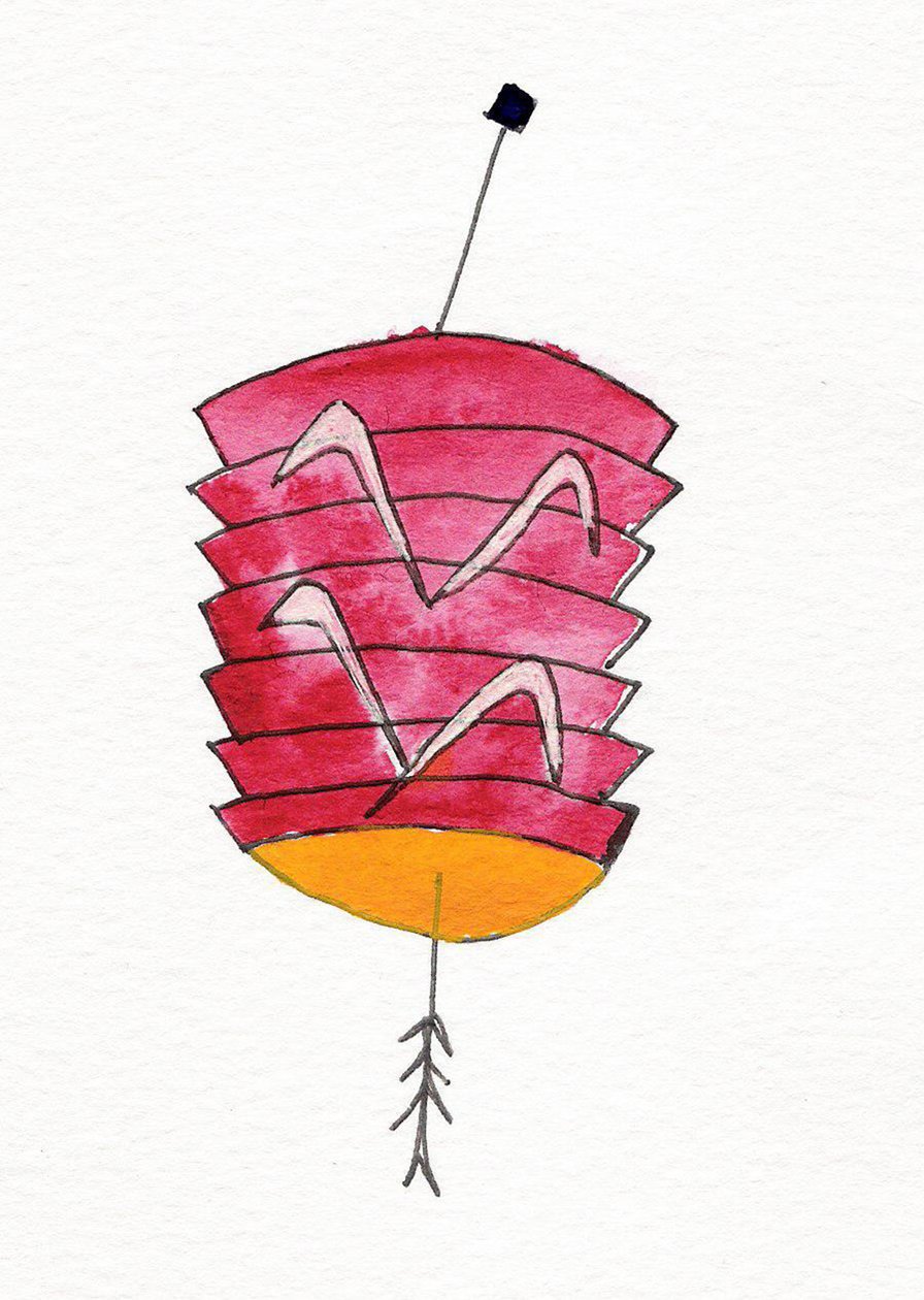 Chinese Lantern, 2107 (rött, gult, vitt och svart indiafärg på papper) av Daisy de Villeneuve