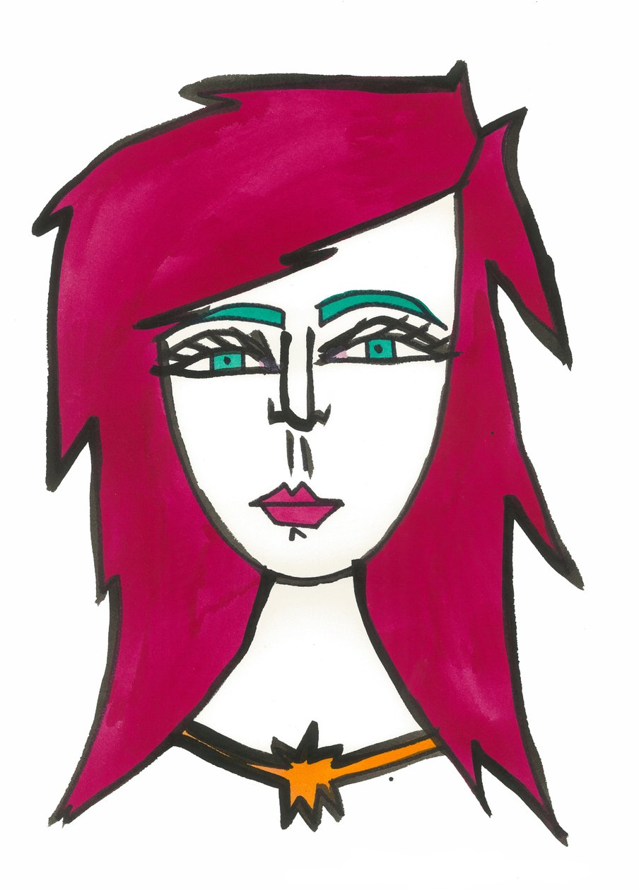 Dark Pink Hair, 2024 (penna med färg på papper) av Daisy de Villeneuve