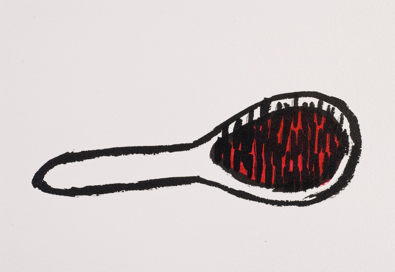 Hair Brush, 2017 (svart och rött indiafärg på papper) av Daisy de Villeneuve