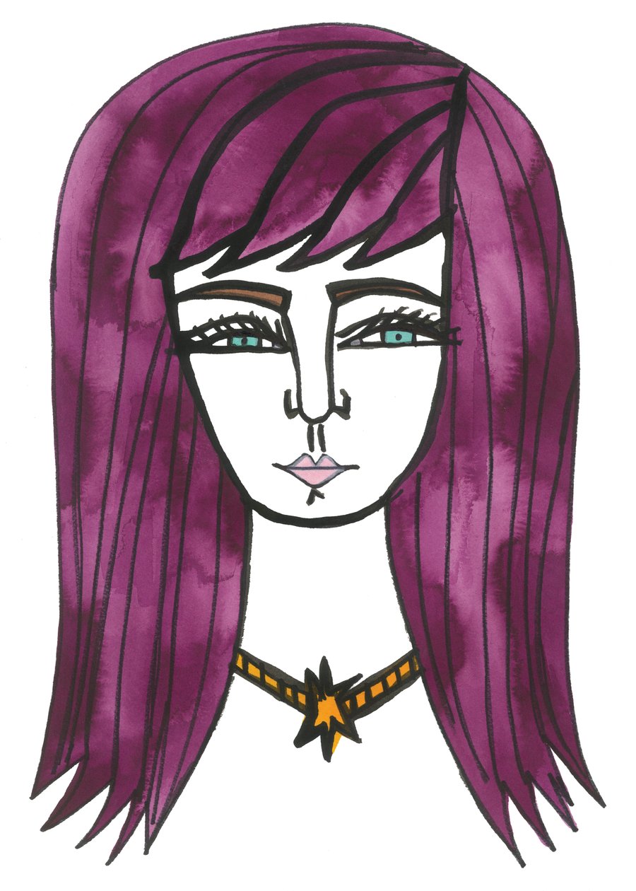 Purple Hair, 2024 (penna med färg på papper) av Daisy de Villeneuve
