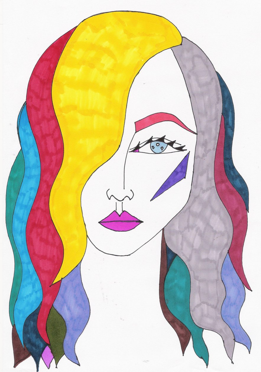 Rainbow Hair, 2017 (tuschpenna på papper) av Daisy de Villeneuve