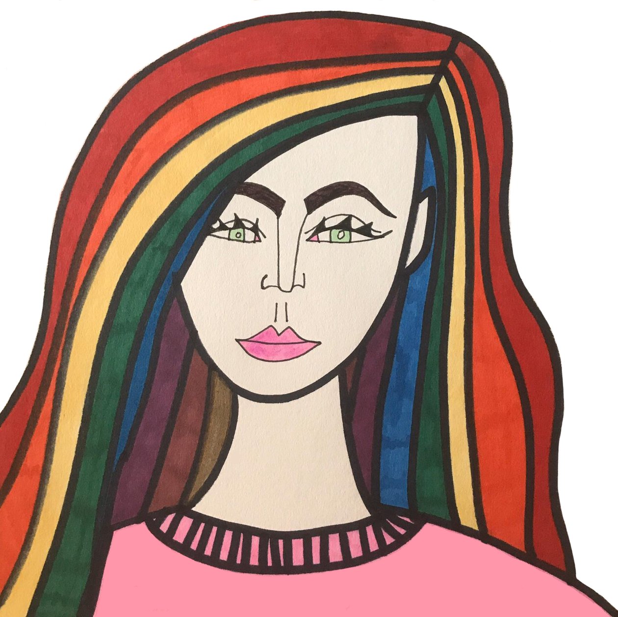 Rainbow Haired Girl (tuschpenna på papper) av Daisy de Villeneuve