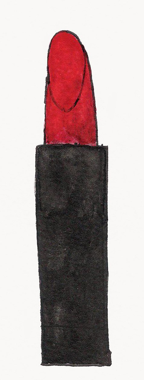 Red Lipstick, 2017 (rött och svart indiafärg med guldfärgad tuschpenna på papper) av Daisy de Villeneuve