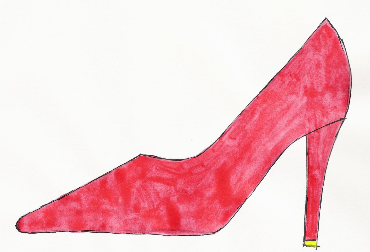 Red Shoe, 2017 (rött och gult indiafärg med tuschpenna på papper) av Daisy de Villeneuve