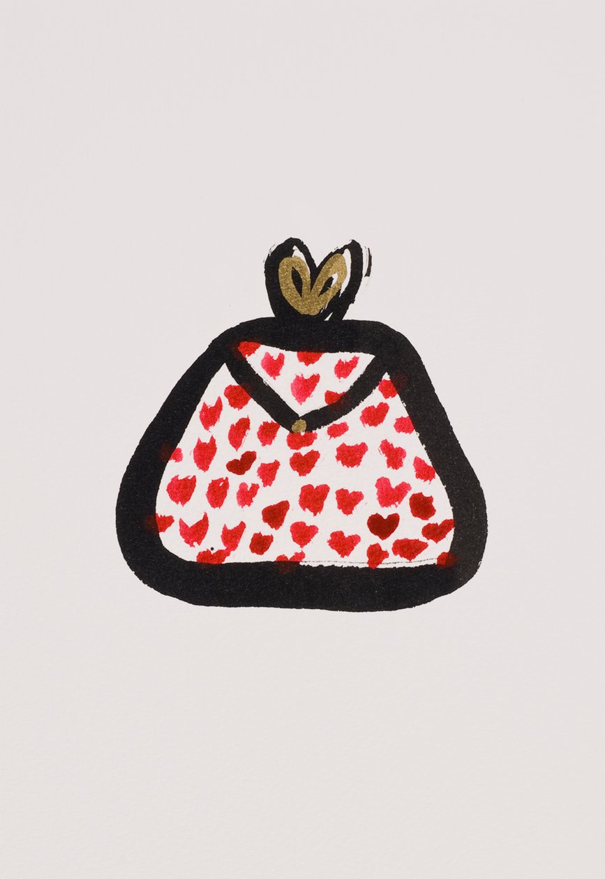 Red Spotty Purse, 2017 (rött och svart indiafärg med guldfärgad tuschpenna på papper) av Daisy de Villeneuve