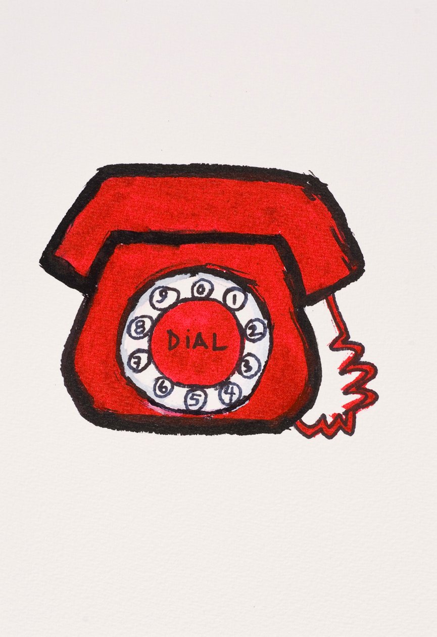Red Telephone, 2017 (rött indiafärg med tuschpenna på papper) av Daisy de Villeneuve