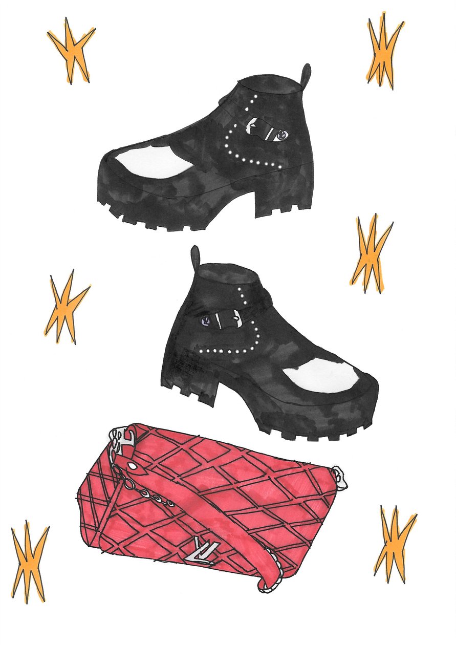 Redbag  boots, 2016 (tuschpenna på papper) av Daisy de Villeneuve
