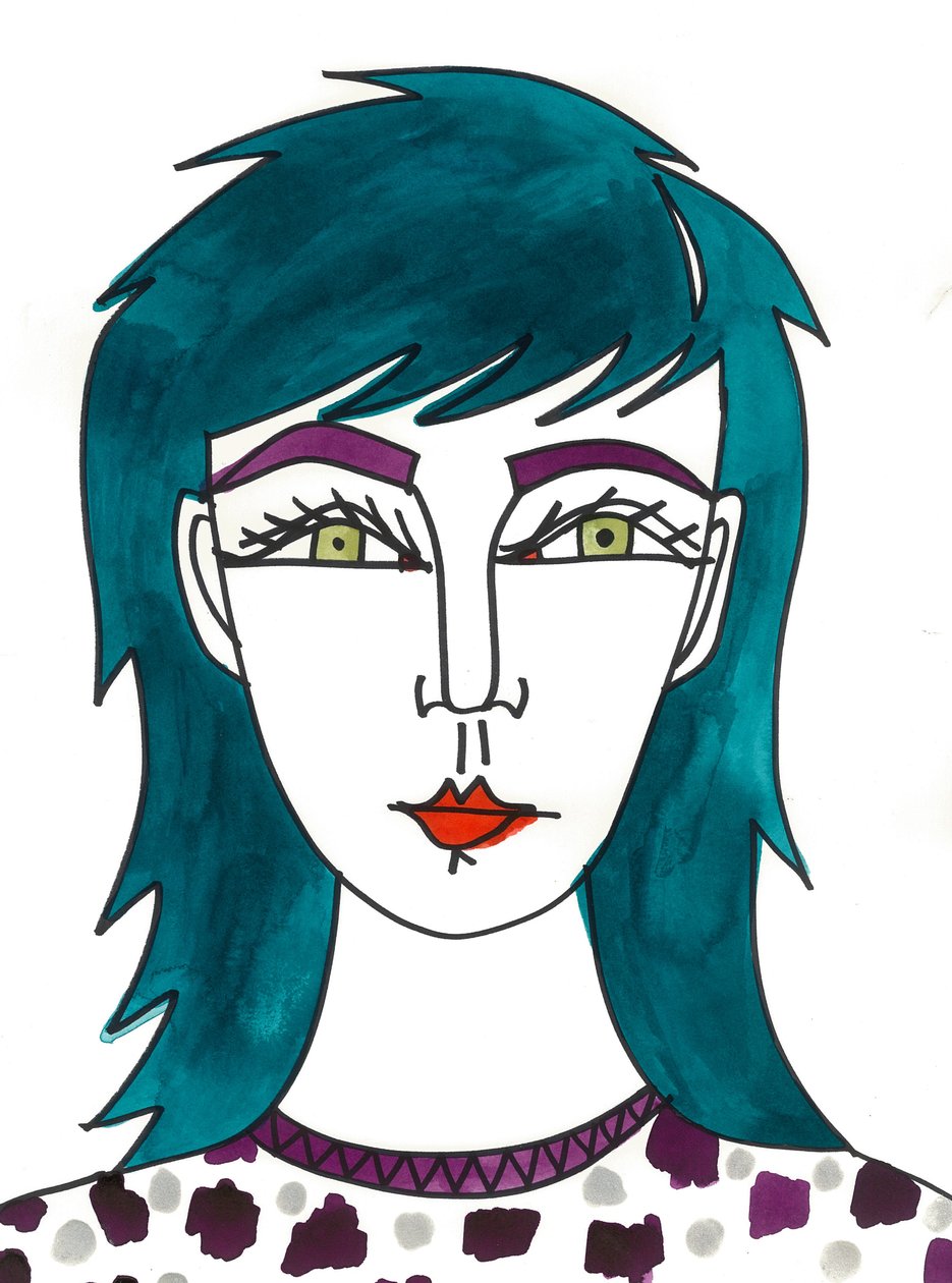 Shaggy Green Hair, 2024 (penna med färg på papper) av Daisy de Villeneuve