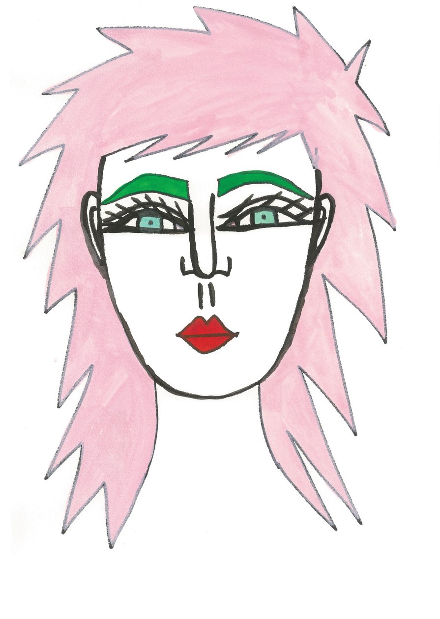 Shaggy Pink Hair, 2024 (penna med färg på papper) av Daisy de Villeneuve