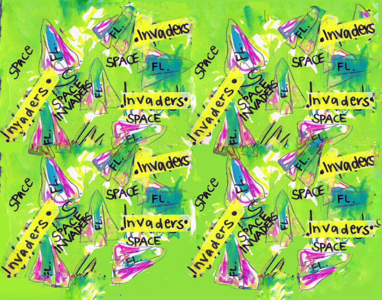 Space Invaders (akvarell, tejp, penna, photoshop) av Daisy de Villeneuve