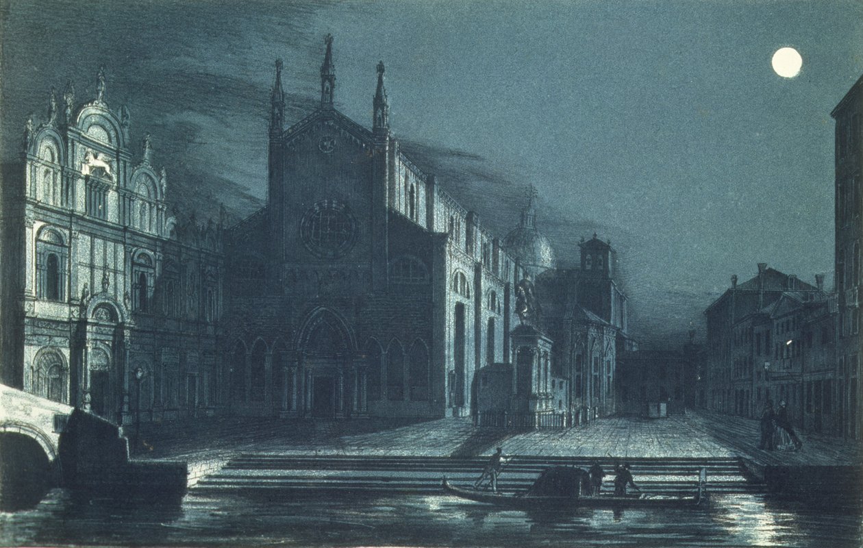 Nattscen av SS-kyrkan. Giovanni och Paolo, Venedig, graverad av Brizeghel (litho) av Dalda (after)