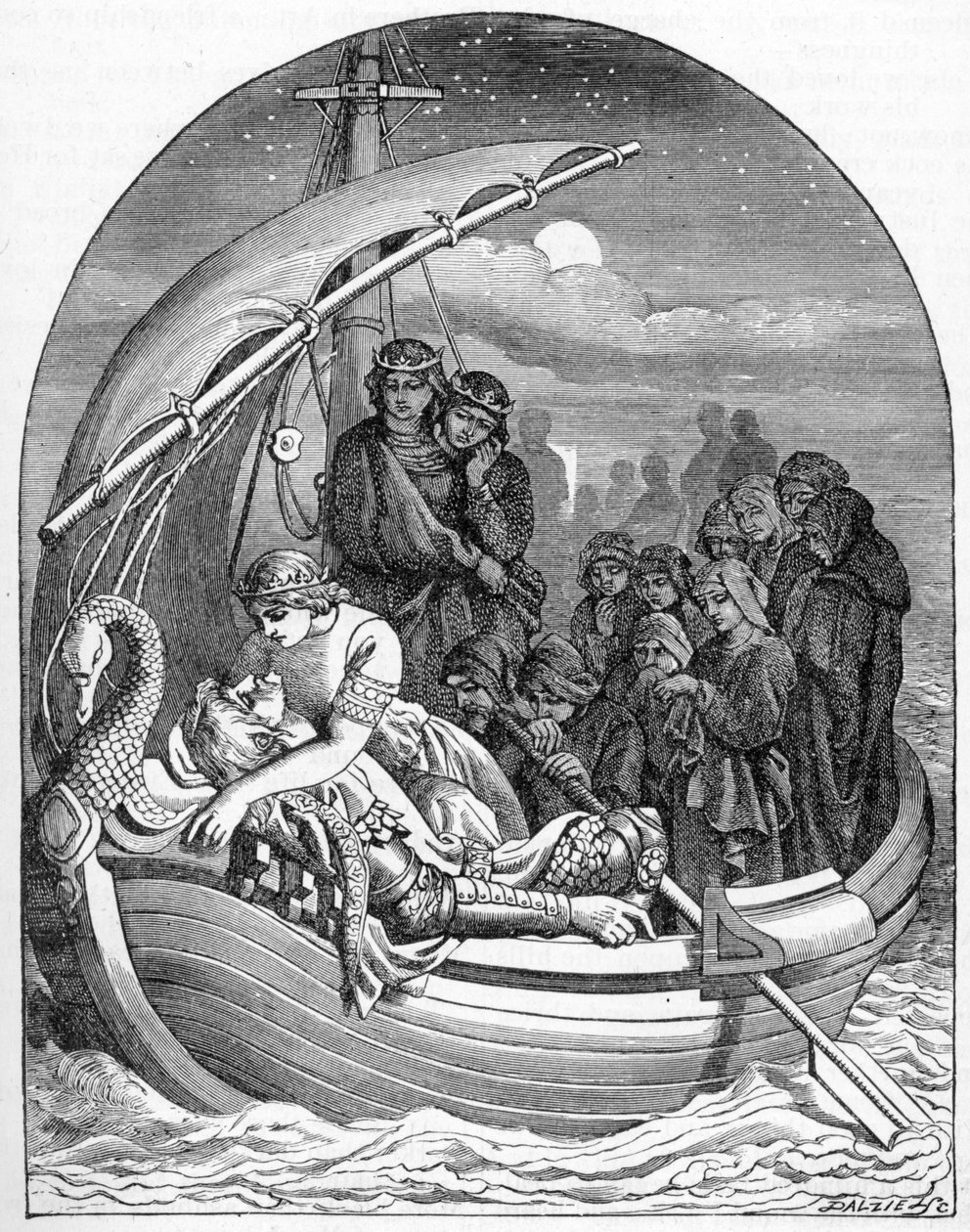 Den döende kung Arthur förs bort till Avalon på ett magiskt skepp med tre drottningar, 1901 av Dalziel Brothers