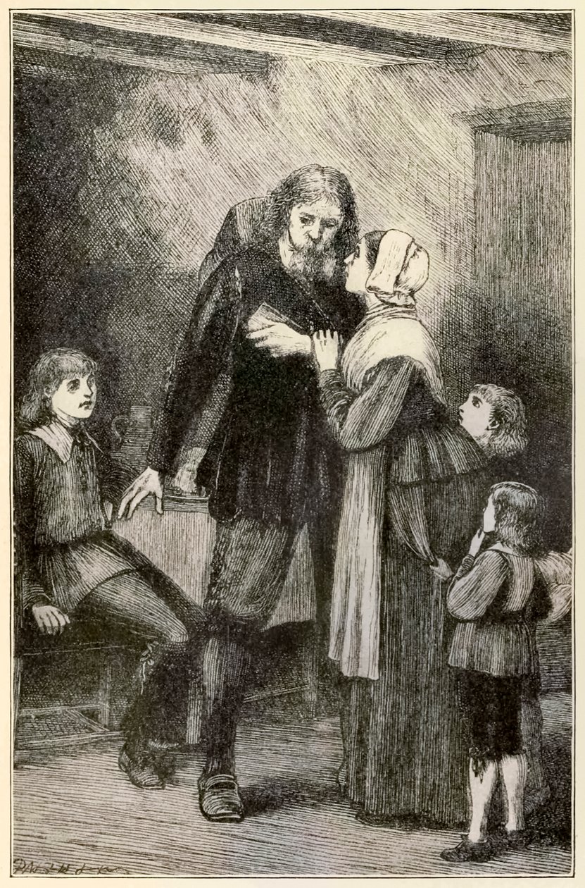 Christian anförtror sig till sin fru från The Pilgrims Progress From This World, To That What Is To Come av John Bunyan (1628-1688) illustration av Thomas Dalziel (1823-1906) Christian med den tunga bördan av Dalziel Brothers