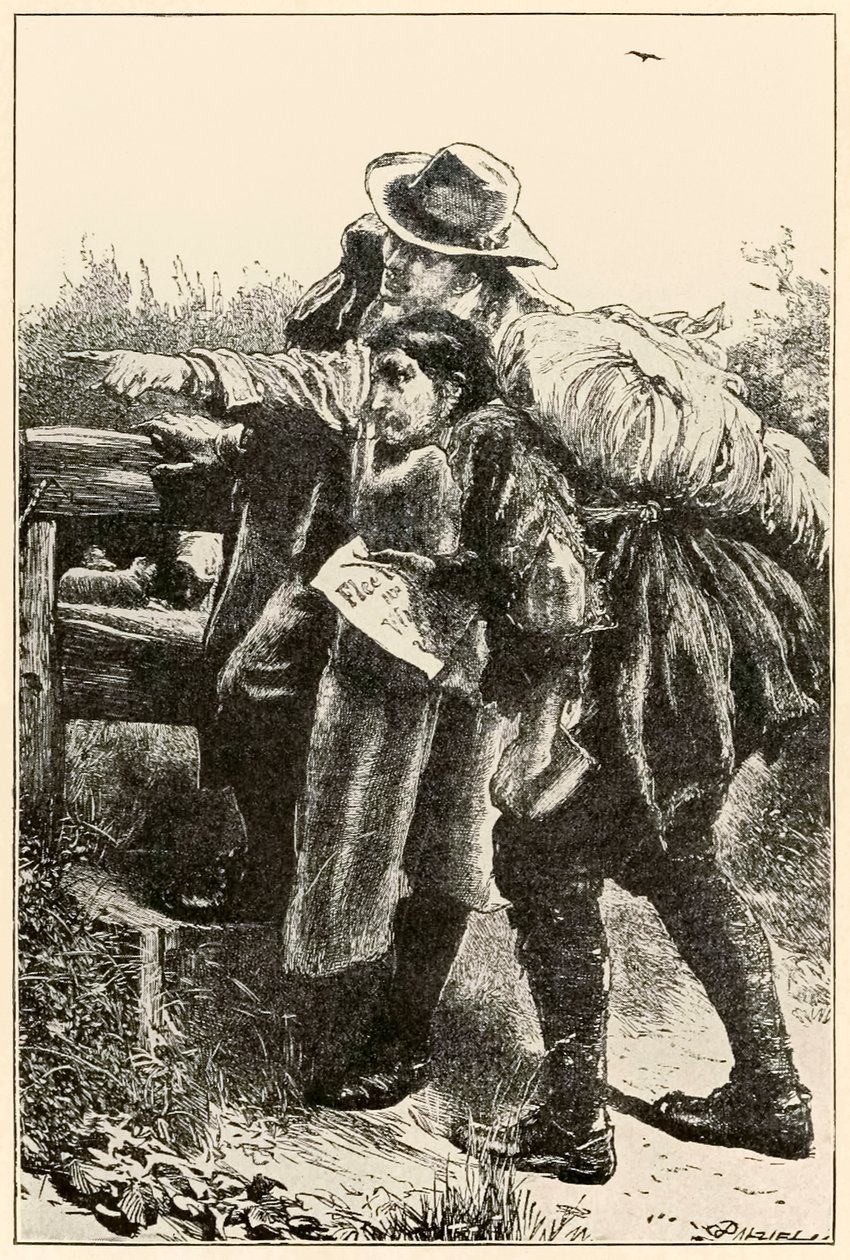 Evangelist visar vägen från The Pilgrims Progress From This World, To That What Is To Come av John Bunyan (1628-1688) illustration av Thomas Dalziel (1823-1906) Evangelist som visar Christian the wa av Dalziel Brothers