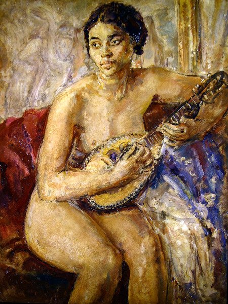 Modell och mandolin (olja på duk) av Dame Ethel Walker