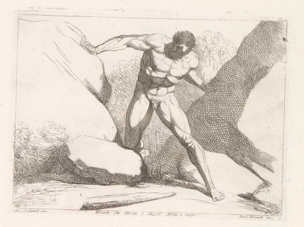 Herkules separerar klipporna Calpe och Abila (Herkules pelare) Ercole che divide i Monti Abila e Calpe (titel på objekt) av Damiano Pernati