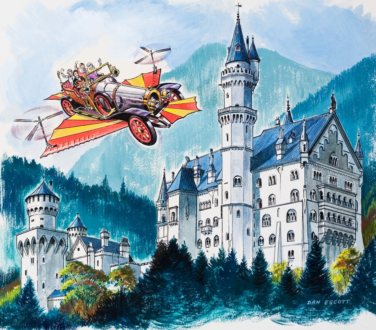 Chitty Chitty Bang Bang passerar Neushwanstein i de bayerska Alperna av Dan Escott