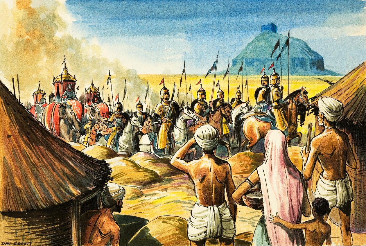 Indiska infödingar ser på när en procession av elefanter och soldater närmar sig ett fort (gouache på papper) av Dan Escott