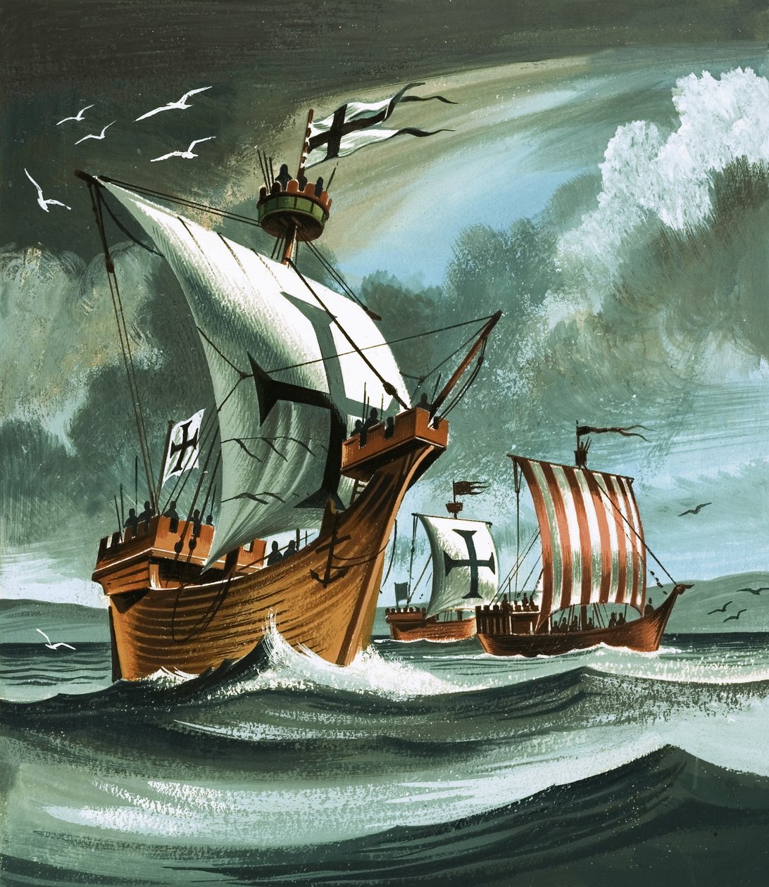 Handelsfartyg med tyska riddare ombord närmar sig ett piratskepp av Dan Escott