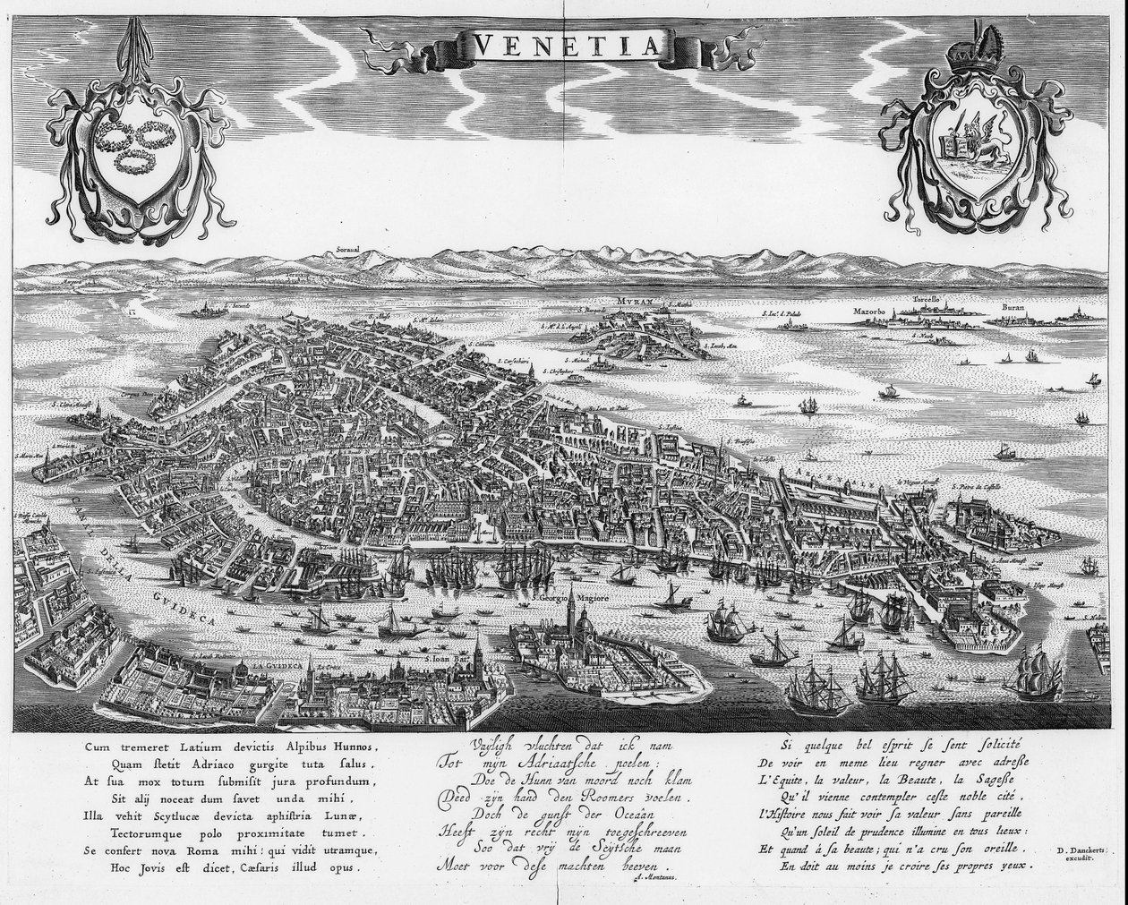 Karta över Venedig med tre texter på latin, holländska och franska av Dancker Danckerts
