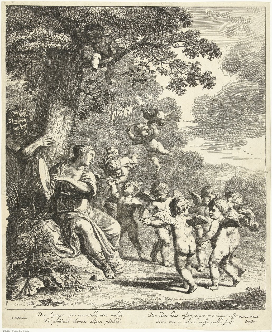 Pan och Syrinx med dansande putti av Dancker Danckerts