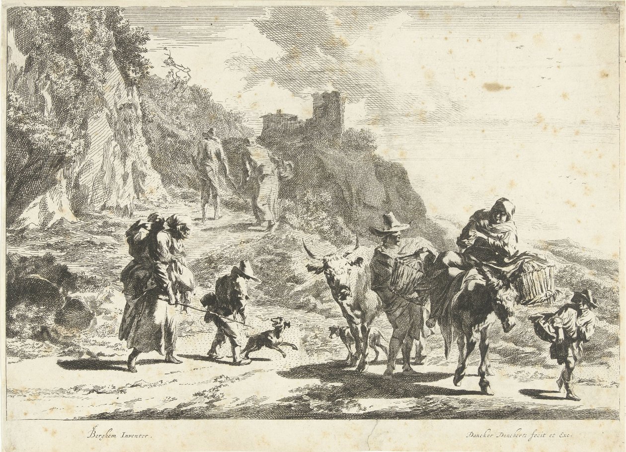 Kvinna på en packad åsna, man med ko och andra resenärer i bergslandskap Southern Landscapes (serietitel) av Dancker Danckerts