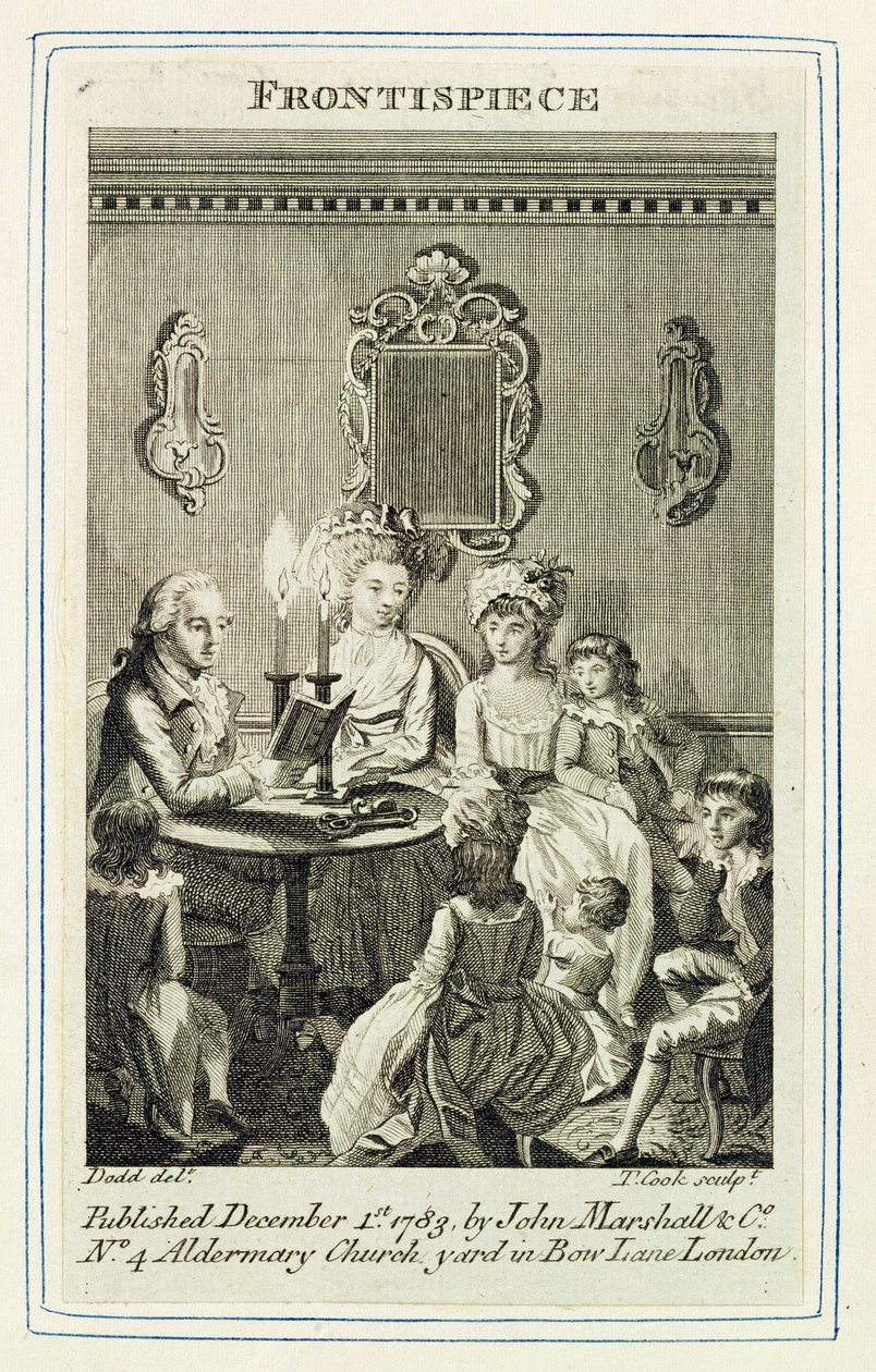 En far som läser för sin familj i levande ljus, graverad av Thomas Cook (1744-1818) på framsidan av en bokpub. av John Marshall und Co., 1783 av Daniel Dodd