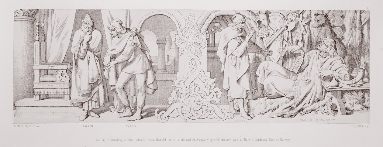 Tostig, som överväger ett nytt angrepp på Harald, ber om hjälp av Sweyn, kung av Danmark, och Harald Hardrada, kung av Norge, från "The Story of the Norman Conquest", graverad av L. Gruner, 1866. av Daniel Maclise