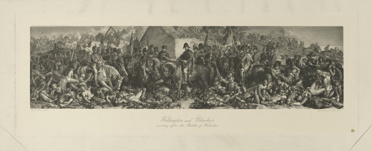 Wellington och Blücher möts efter slaget vid Waterloo, 1815, gravyr av Lumb Stocks (1812-92) av Daniel Maclise