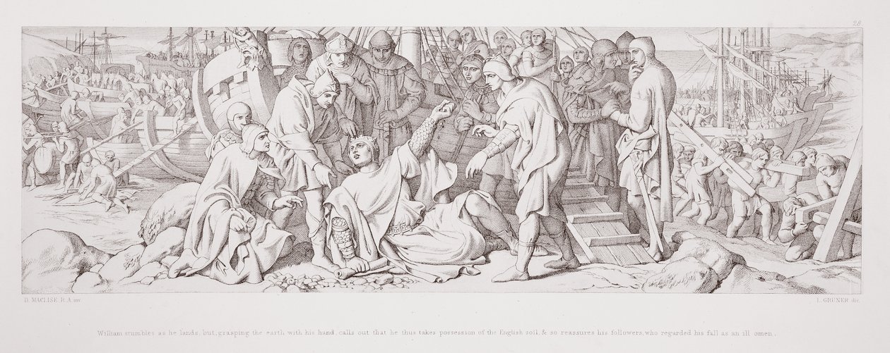 William snubblar när han landar, men griper jorden med handen och ropar att han tar den engelska marken i besittning och lugnar så sina anhängare, som betraktade hans fall som ett dåligt omen, från av Daniel Maclise