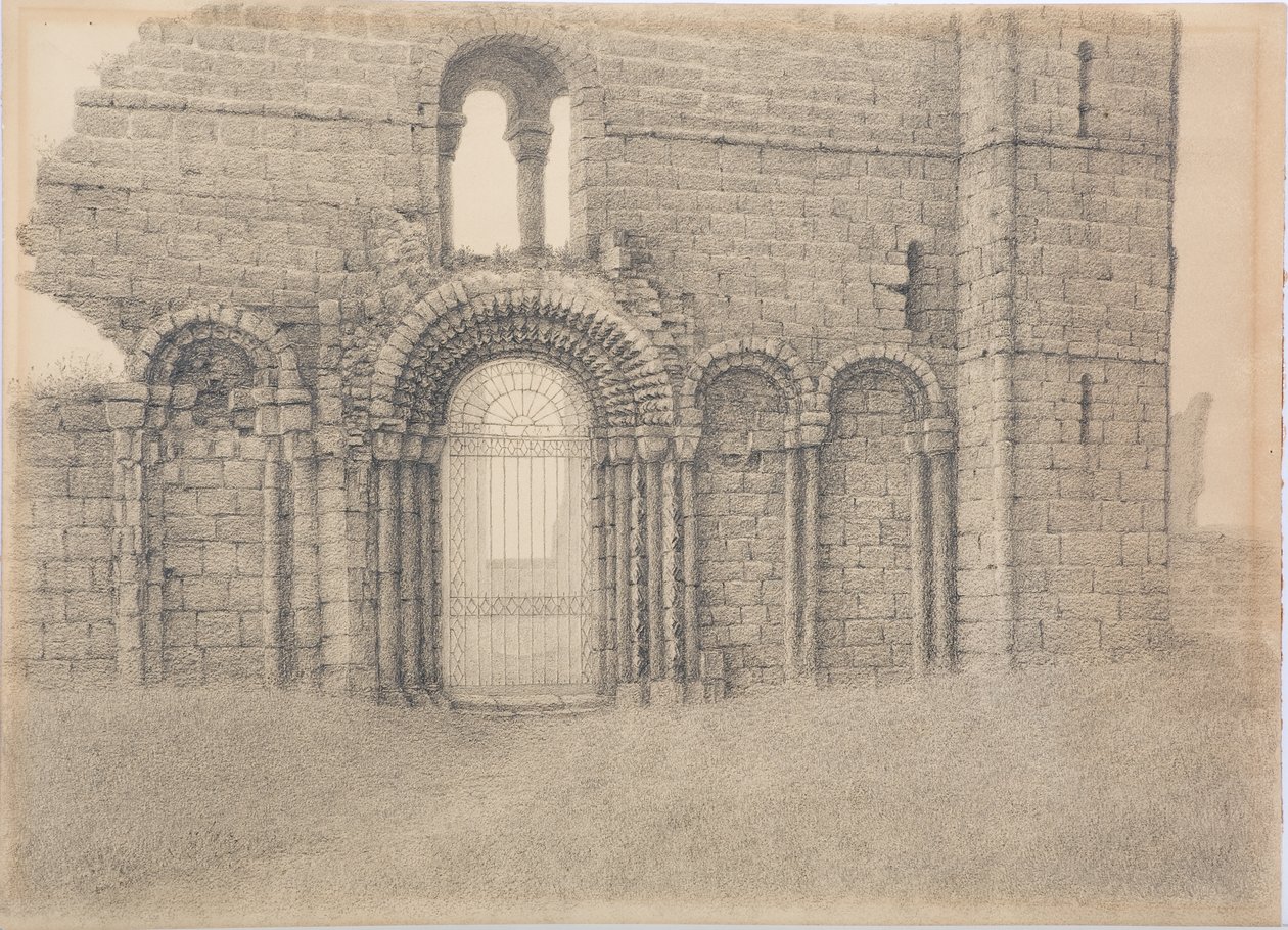 Lindisfarne Priory, West Front, ca 1916 (kol på kort) av Daniel Oliver