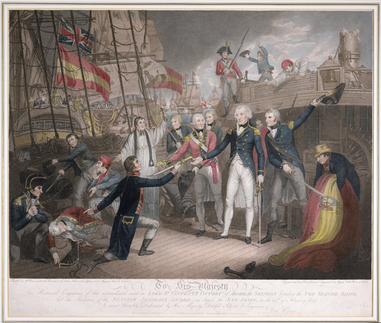 Amiral Nelson går ombord på de två spanska skeppen, 14 februari 1797, publicerad 21 juni 1800 (akvatint och gravyr) av Daniel Orme