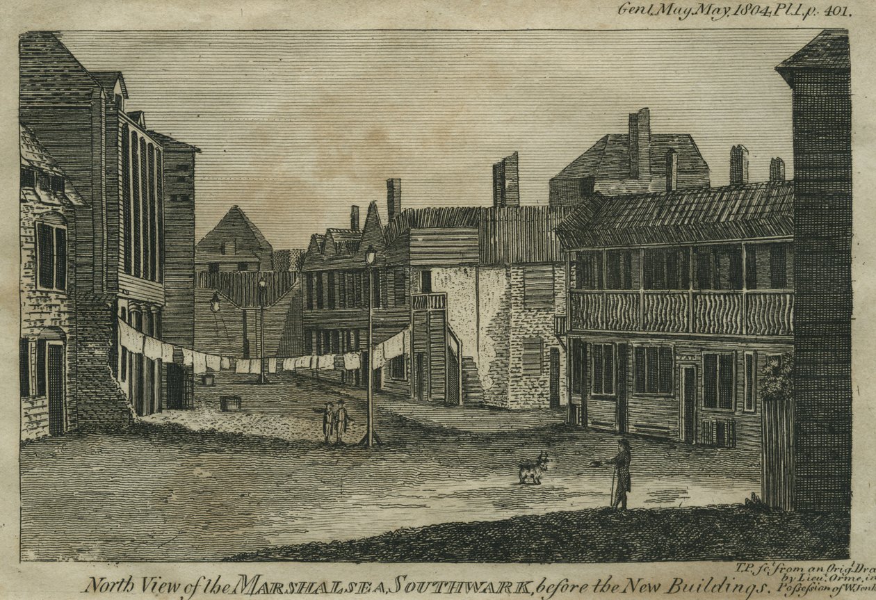 North View of the Marshalsea, Southwark, före de nya byggnaderna, graverad av T.P., ca 1804 av Daniel Orme