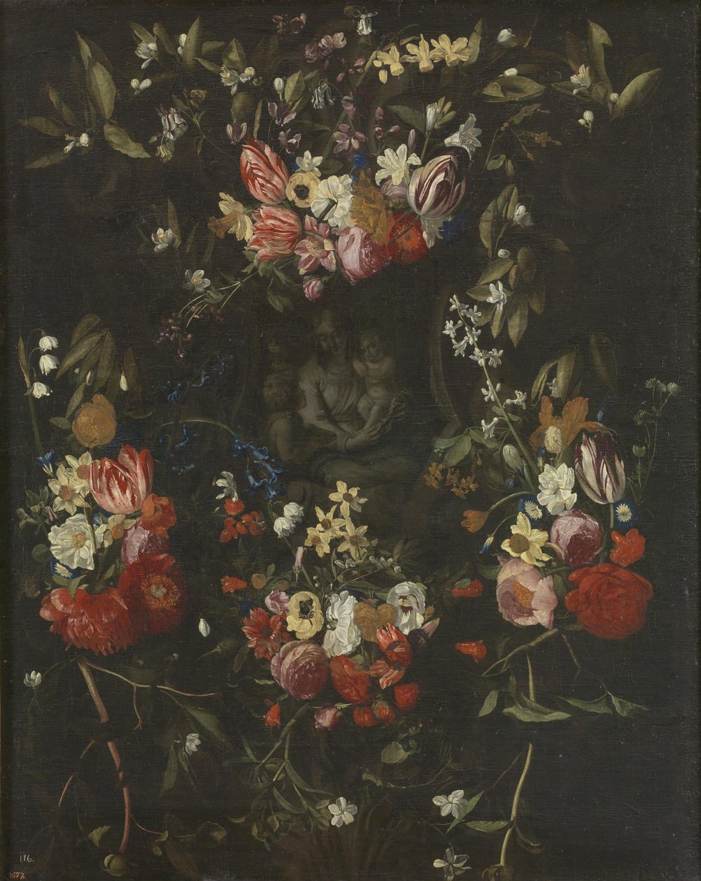 Blomma krans runt Madonna, barn och st John the Baptist av Daniel Seghers