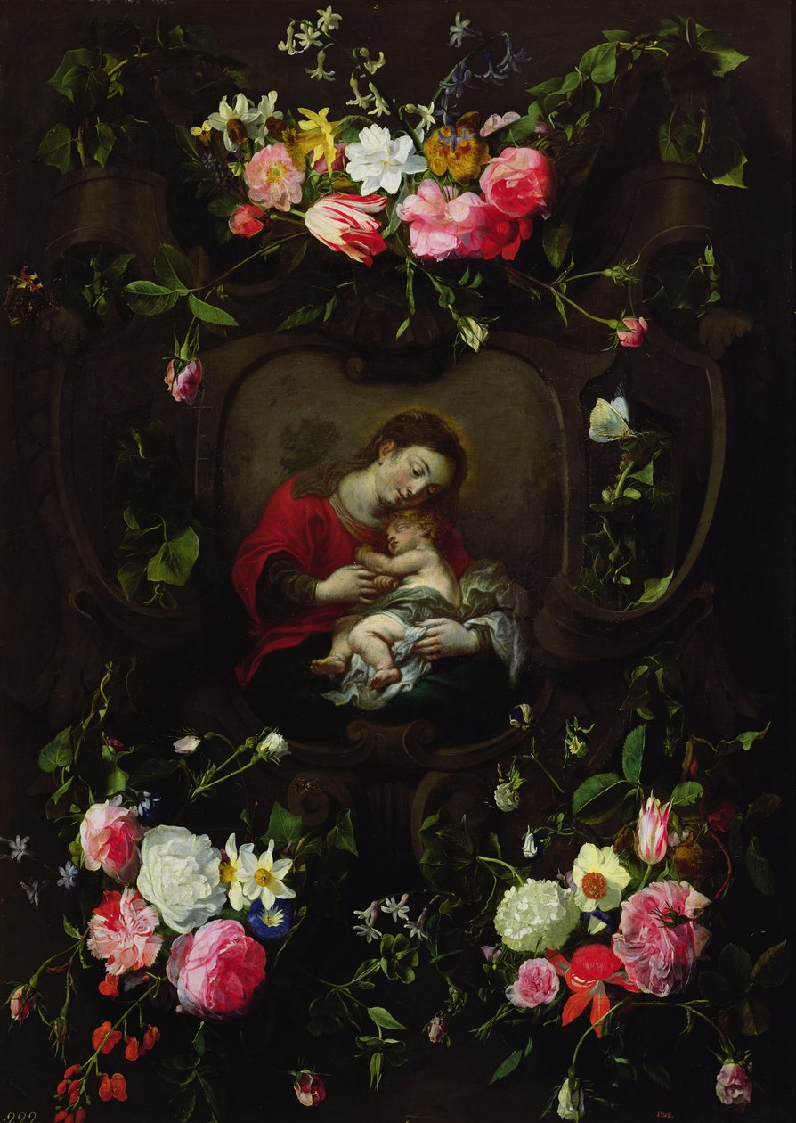 Jungfrun och barnet i en krans av blommor av Daniel Seghers