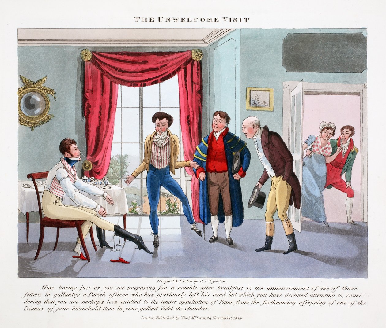 Det ovälkomna besöket, illustration från "Fashionable Bores or Coolers in High Life" av Peter Quiz, pub. Thomas McLean, London 1824 (handfärgad gravyr) av Daniel Thomas Egerton