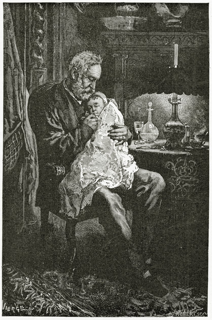Det sjuka barnet, 1800-talet (bw gravyr) av Daniel Urrabieta Vierge