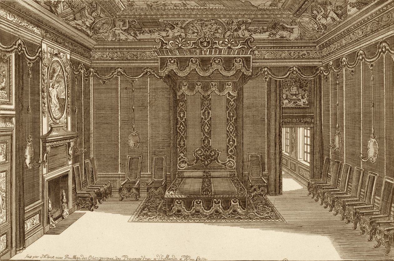 Design för en sängkammare med en statlig säng, från New Book of Apartments, 1703 av Daniel the Elder Marot