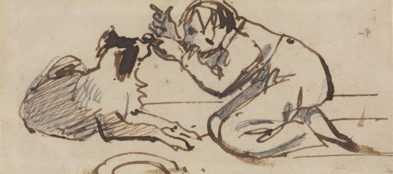 Ett barn som leker med en hund (penna, penna och brunt bläck på papper) av Daniel Maclise