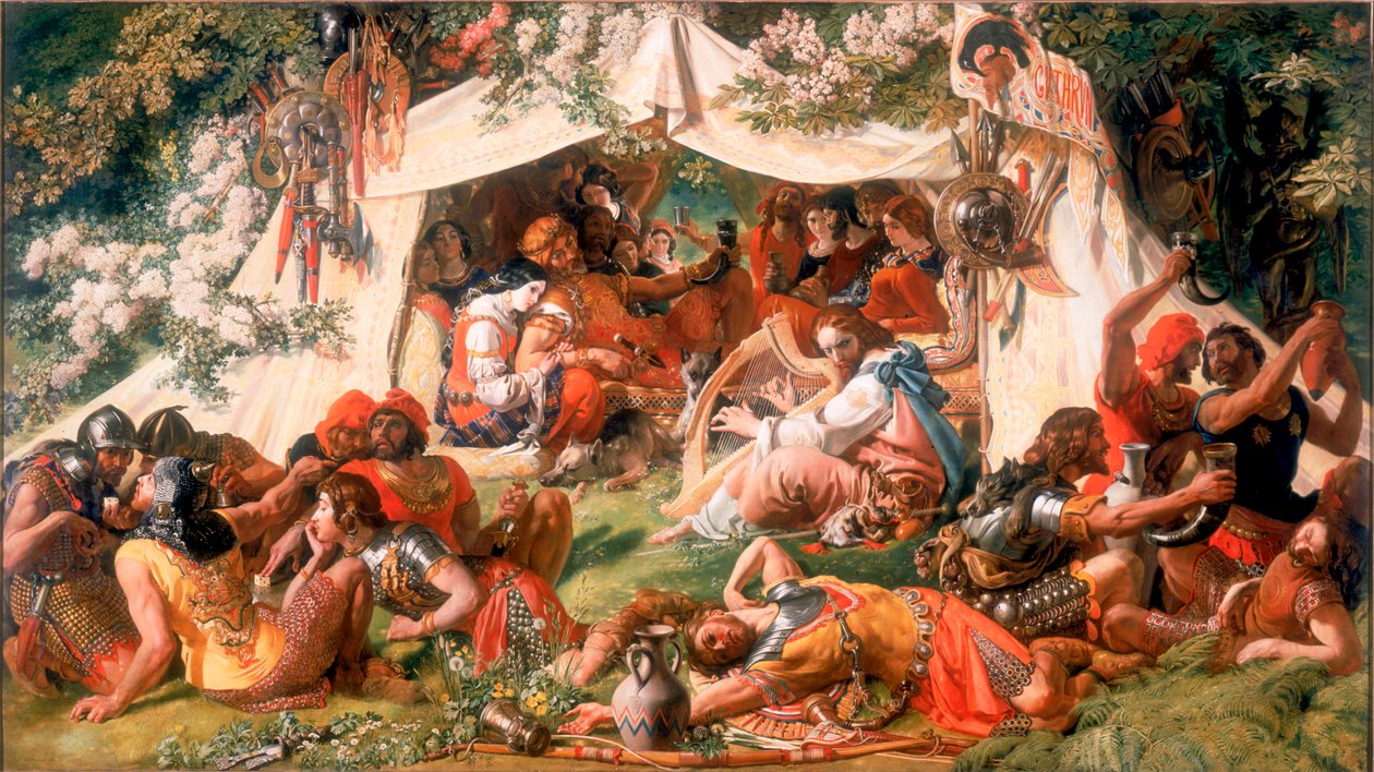 Alfred den sachsiske kungen, förklädd till en minstrel, i dansken Guthrums tält, ca 1852 (olja på duk) av Daniel Maclise