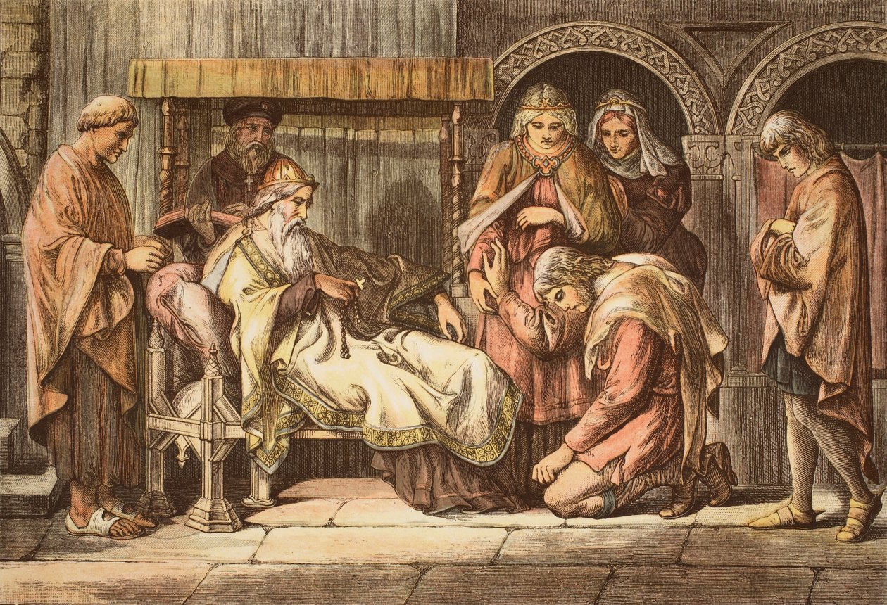 Harold, som återvänder från Normandie, presenterar sig själv för Edward the Confessor, graverad av JD Cooper (färgad gravyr) av Daniel Maclise