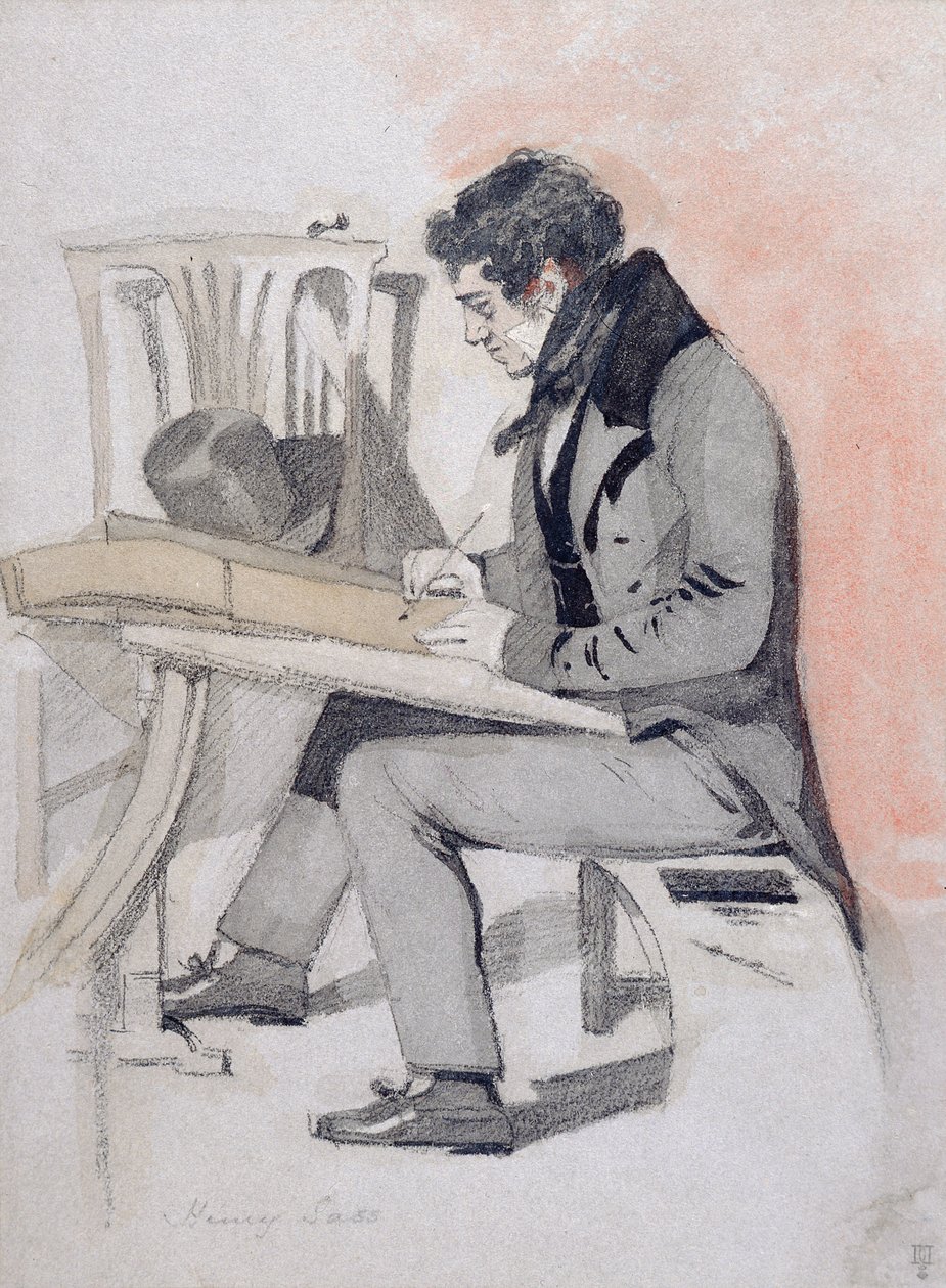 Henry Sass, ca 1830 (svart krita, akvarell och penna och bläck på papper) av Daniel Maclise