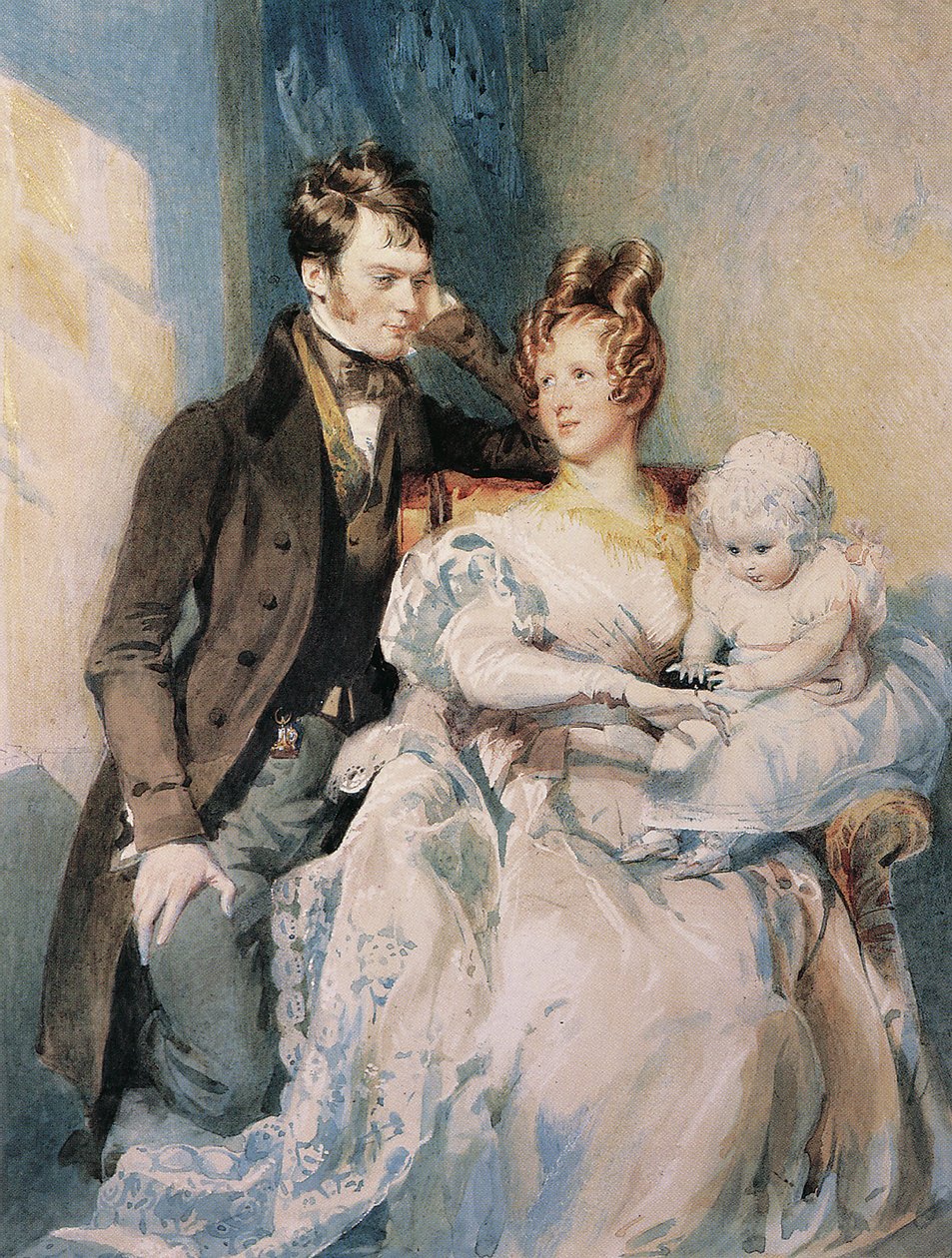 Porträtt av herr och fru MacGregor med deras barn (penna och akvarell med vit förhöjning på papper) av Daniel Maclise