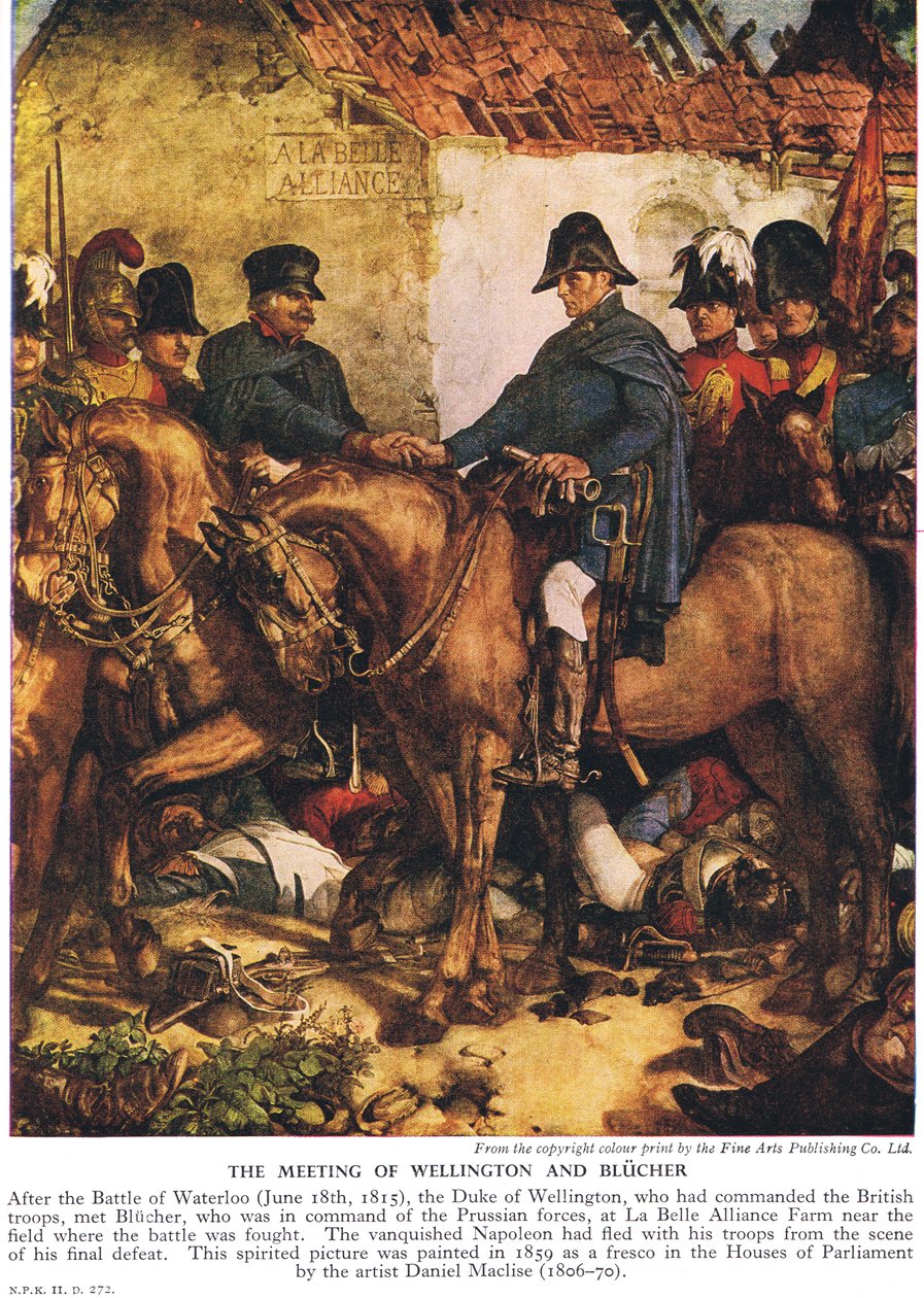 The Meeting of Wellington and Blucher, ca 1940-talet (litho i färg) av Daniel Maclise