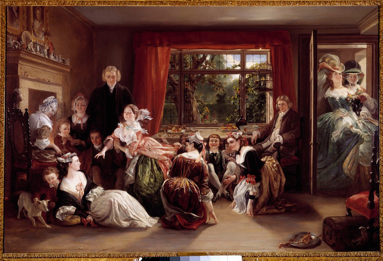 Spelet av toffeljakten Spelscen i en engelsk borgerlig interiör. Målning av Daniel Maclise (1806-1870) 1800-talets privatsamling av Daniel Maclise