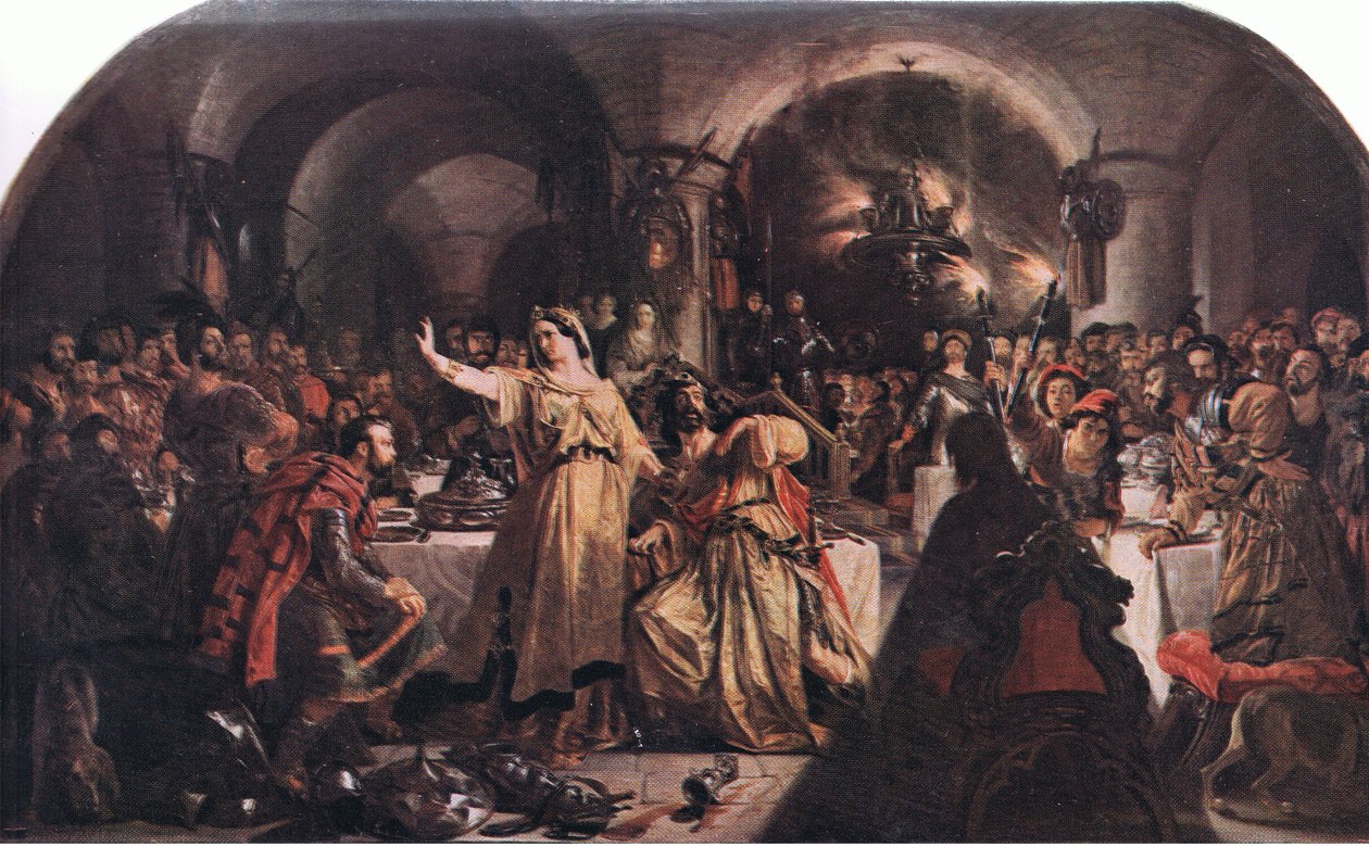 Spöket från Banquo (Macbeth) "Prithee, se där! se! titta! Lo! Hur säger du?", från The Complete Works of William Shakespeare pub.av J Coker & Co Ltd (färg litho) av Daniel Maclise
