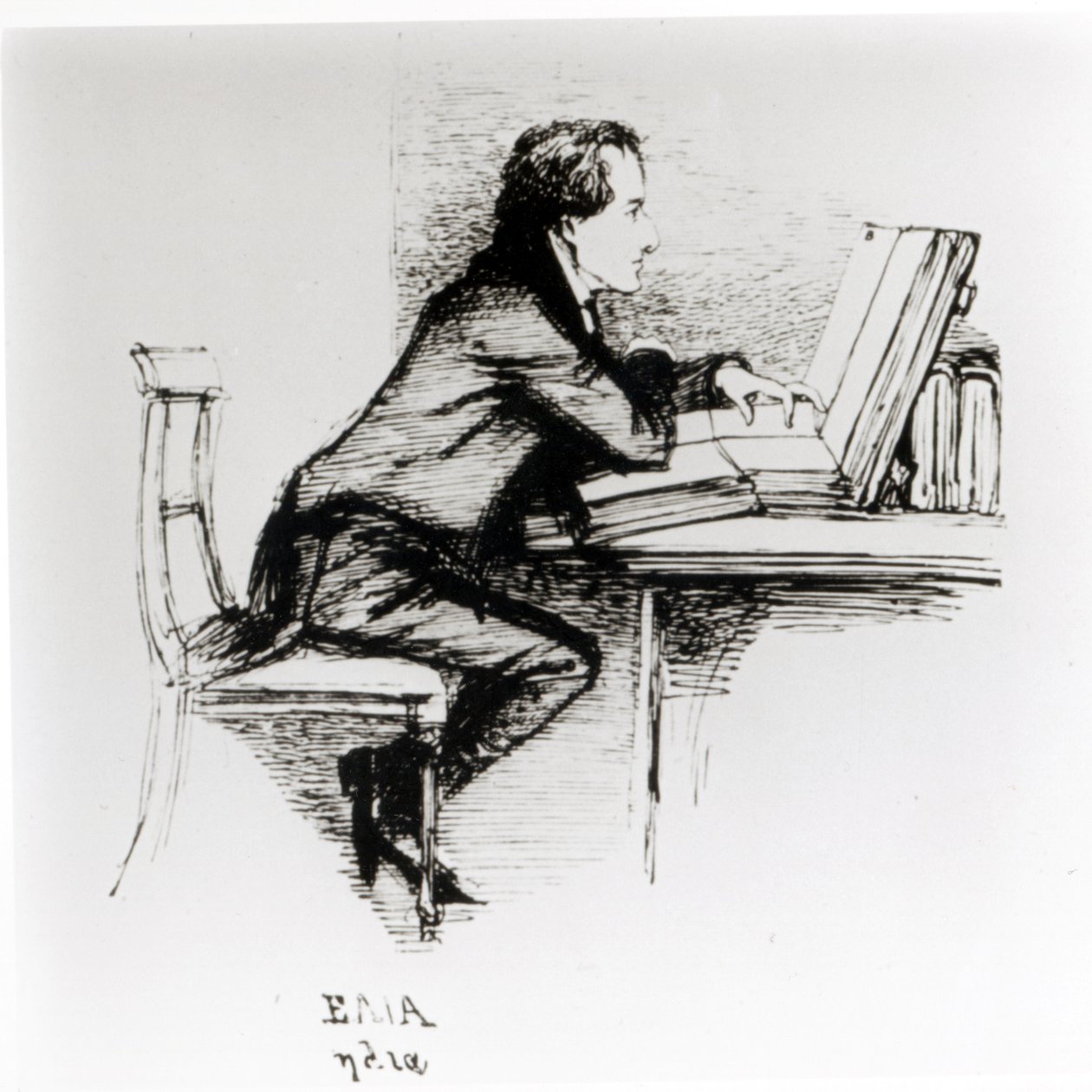 Porträtt av Charles Lamb (1775-1834) (penna och bläck på papper) (s/v foto) av Daniel Maclise