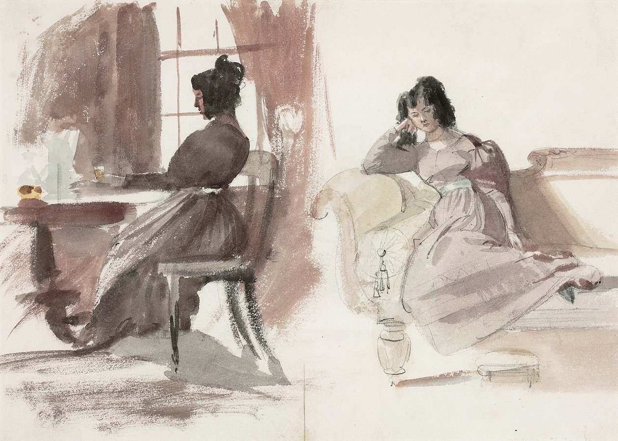 Studier av en ung dam i en rosa klänning, sittande vid sitt skrivbord och sittande på en schäslong (penna och akvarell på papper) av Daniel Maclise