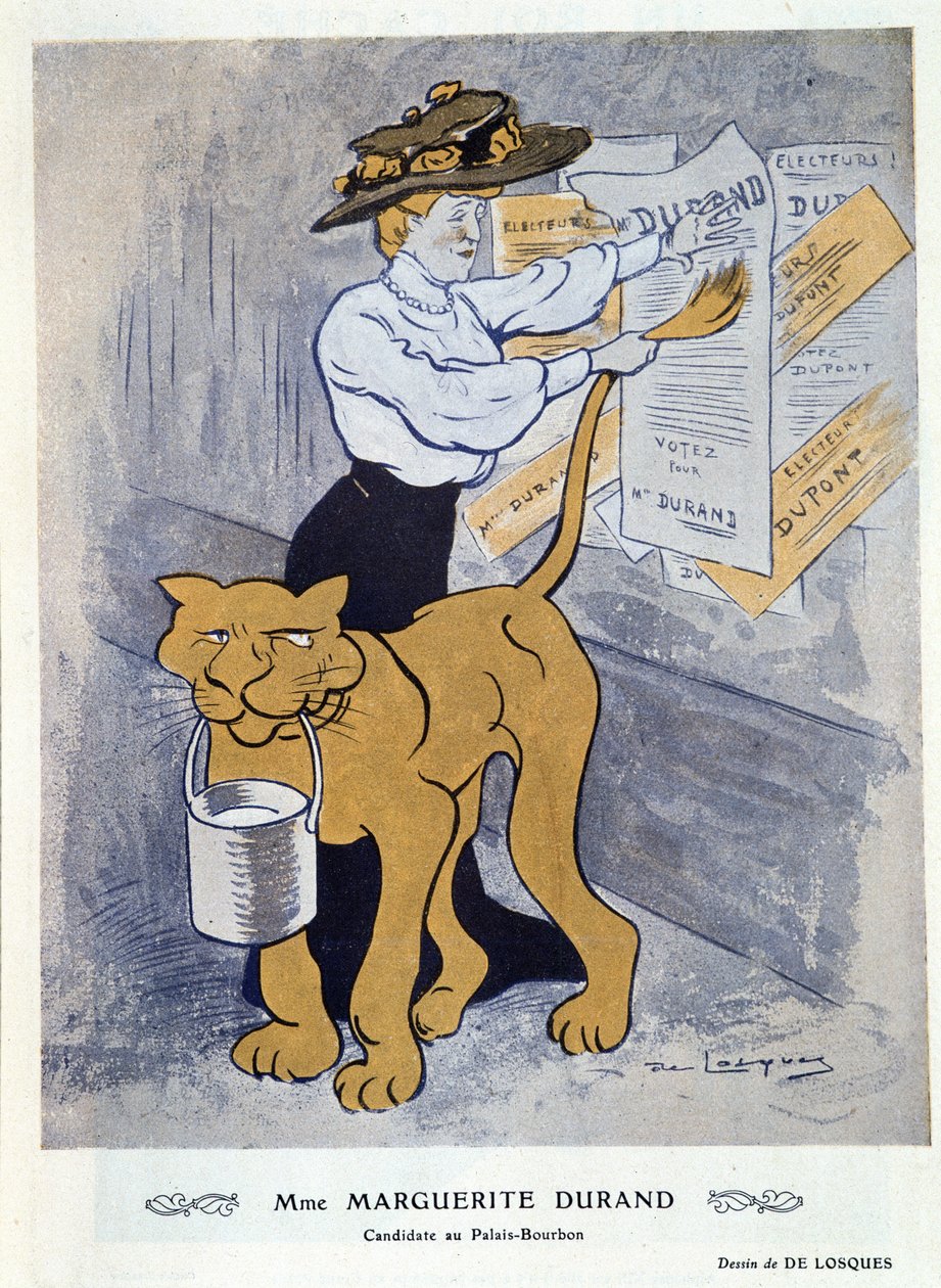 Marguerite Durand klistrar in sin valaffisch, illustration från 